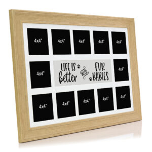 Oak Effect Fur Baby Multi Aperture Picture Photo Frame, Fits 12 4x4" Images, Perfect Collage Multi Opening Display Frame