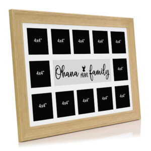 Oak Effect Ohana Means Family Multi Aperture Picture Photo Frame, Fits 12 4x4" Images, Perfect Collage Multi Opening Display Frame