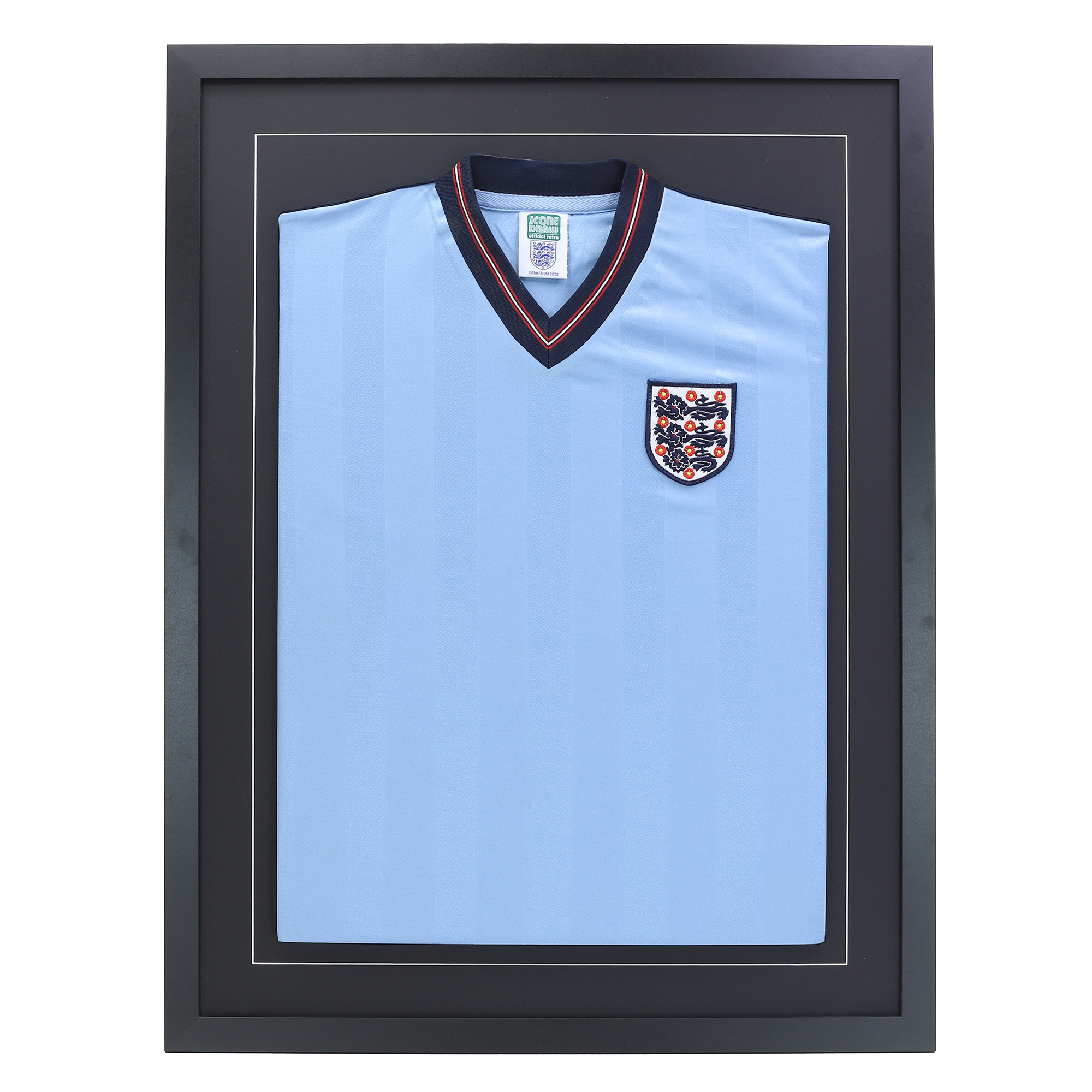 a blue football shirt in a frame