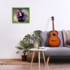 Minimalistic interior design concept. Acoustic guitar on grey textile sofa in spacious room of loft style apartment with wood textured laminated flooring. Background, copy space, close up.