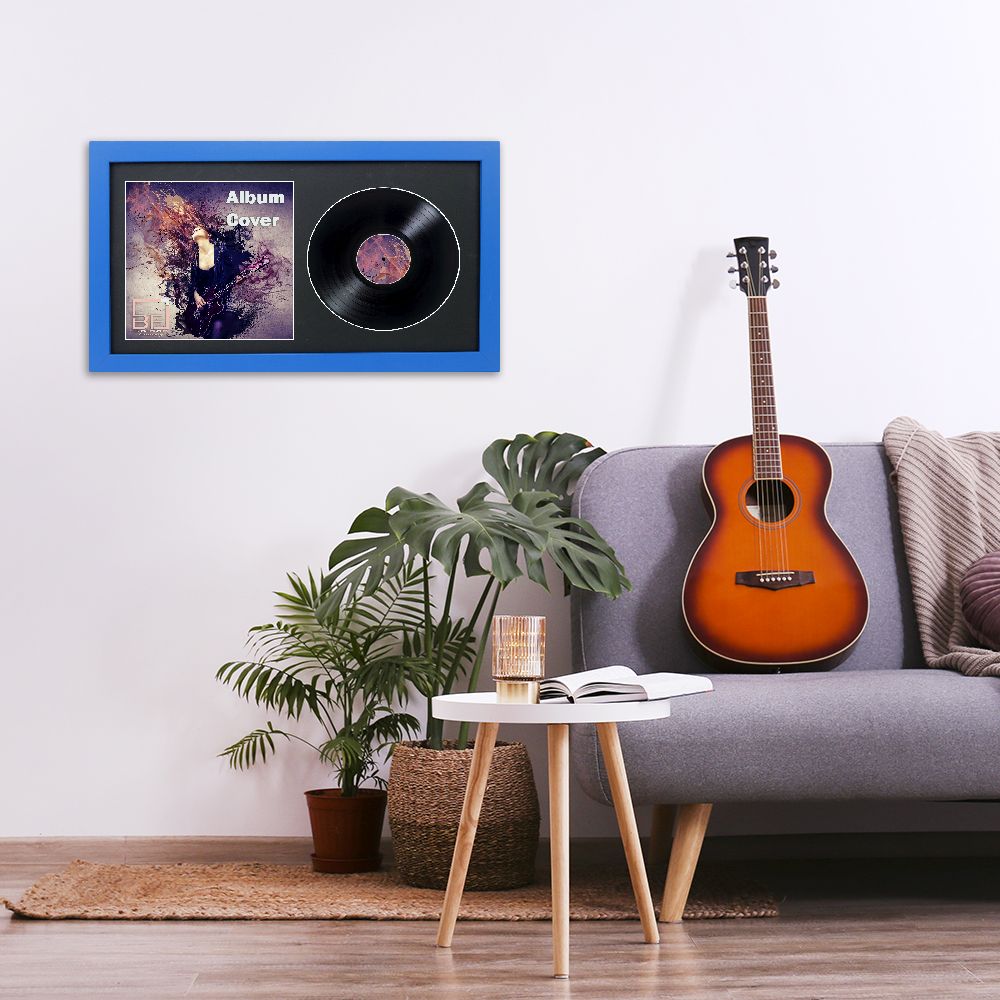 Minimalistic interior design concept. Acoustic guitar on grey textile sofa in spacious room of loft style apartment with wood textured laminated flooring. Background, copy space, close up.