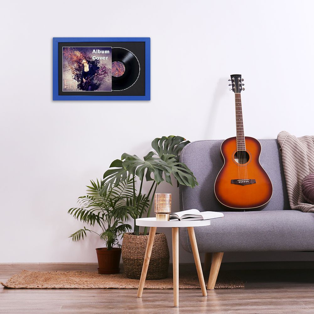 Minimalistic interior design concept. Acoustic guitar on grey textile sofa in spacious room of loft style apartment with wood textured laminated flooring. Background, copy space, close up.