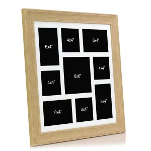 Oak Effect Multi Aperture Picture Photo Frame, Fits 9 Mixed Size Images, Perfect Collage Multi Opening Display Frame