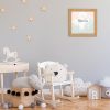 Stylish scandinavian newborn baby room with wooden toys, teddy b