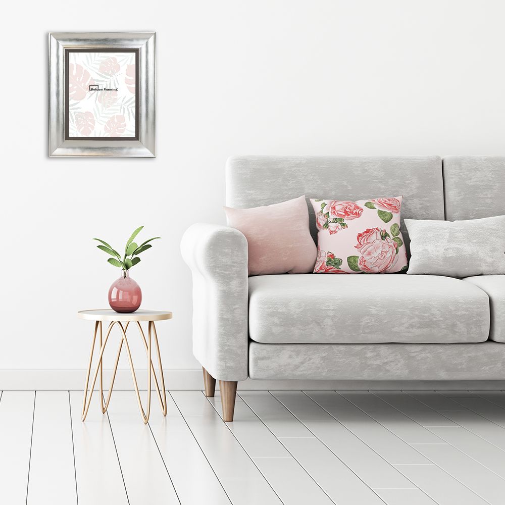 Interior wall mock up with gray sofa, pink pillows and plant in vase in living room with empty white wall. 3D rendering.