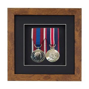 Distressed Oak Effect Court Mounted Medal Frame For 2 War, Military/Sports Medals With Black or White Mount