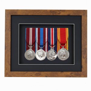 Distressed Oak Effect Court Mounted Medal Frame For 4 War, Military/Sports Medals With Black or White Mount