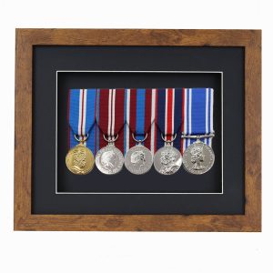 Distressed Oak Effect Court Mounted Medal Frame For 5 War, Military/Sports Medals With Black or White Mount