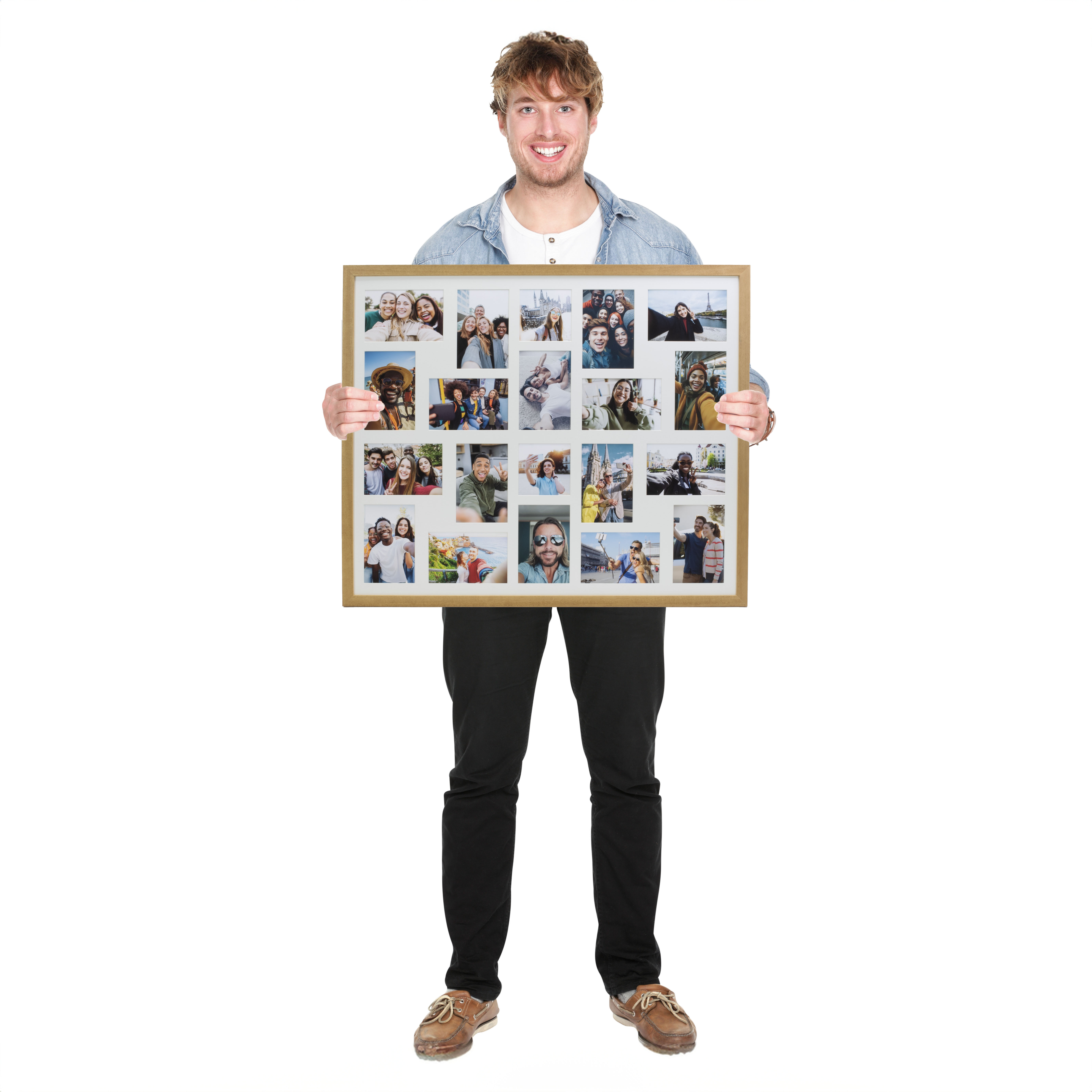 Man showing sign standing in full body. Casual young guy holding