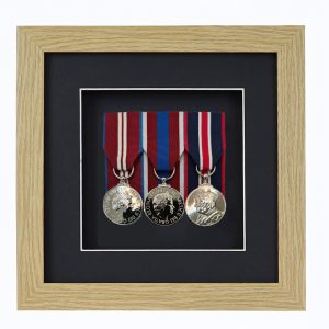 Oak Effect Court Mounted Medal Frame For 3 War, Military/Sports Medals With Black or White Mount