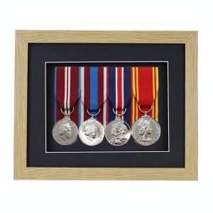 Oak Effect Court Mounted Medal Frame For 4 War, Military/Sports Medals With Black or White Mount
