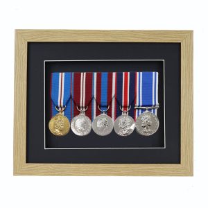 Oak Effect Court Mounted Medal Frame For 5 War, Military/Sports Medals With Black or White Mount