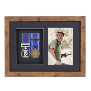 Distressed Oak Effect Court Mounted Medal Frame with 6x4" Photo For 2 War, Military and Sports Medals